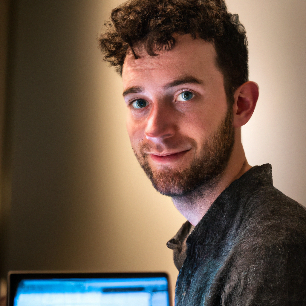 Portrait of instructor Liam O’Reilly with laptop in office environment